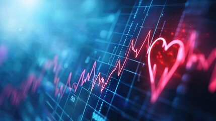 A glowing heart symbol overlays a digital graph, representing data trends and health metrics, combining technology and emotional elements.