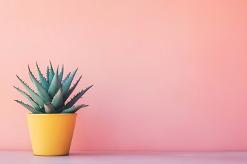 A single green succulent plant in a bright yellow pot set against a pastel pink background, emphasizing colors and form.