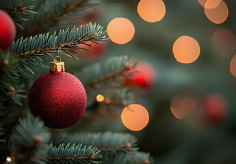 Wall Mural - close-up red ornament on christmas tree with blurred lights