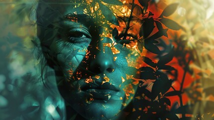 Poster - Woman's Face Hidden by Leaves: A Surreal Portrait