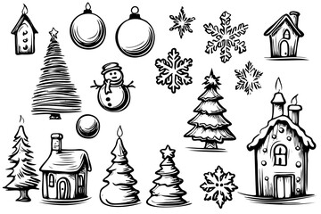 Wall Mural - A collection of Christmas decorations including snowflakes, snowmen, and houses. Scene is festive and joyful