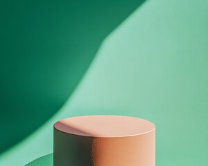 Poster - Minimalist Matte Teal Podium on Vibrant Green Background with Dynamic Shadows, Modern Monochromatic Palette