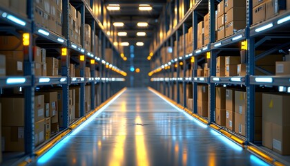 Futuristic automated warehouse showcasing advanced conveyor systems and shelves filled with cardboard boxes illuminated by vibrant blue and yellow lights