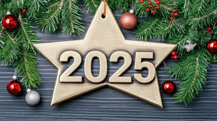 Wall Mural - A golden Christmas star ornament engraved with 2025 shines brightly on a decorated evergreen tree in a cozy holiday setting