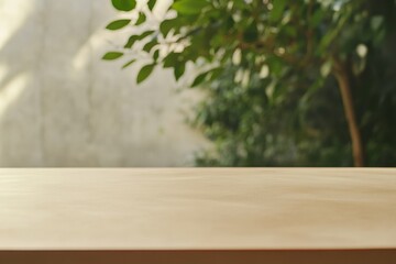 Aufkleber - Minimalist Wooden Table Surface with Lush Green Forest Bokeh Background and Natural Lighting
