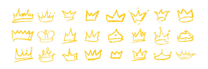 Wall Mural - set of doodle gold crowns drawn by wax pencil. yellow royal headwear in graffiti style. collection o