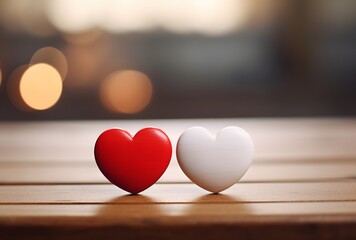 Red And White Hearts On Wooden Table Valentine's Day