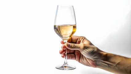 a hand holding a crystal-clear wine glass on a white background