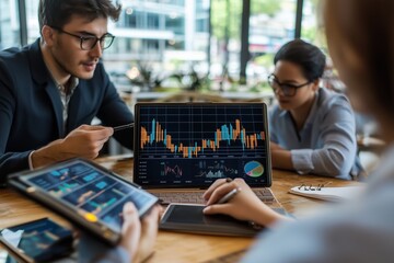 Poster - business team analyzing financial data on laptops and tablets in a modern office during a daytime me