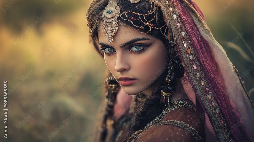Pretty Persion pretty close up face portrait of pretty Persian woman wearing elegance ...