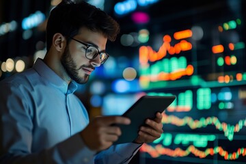 Poster - a young professional analyzes stock market data on a tablet during nighttime in a city office