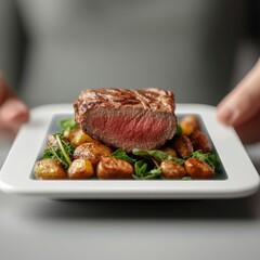 Close-Up of Juicy Steak with Potatoes in Augmented Reality