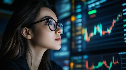 Poster - young woman analyzes financial data on a digital display while working in a modern office environmen