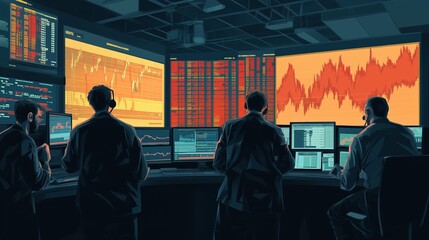 Poster - traders analyzing stock market trends in a modern financial office during a busy trading day