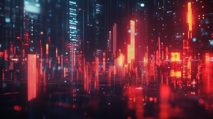 Poster - A futuristic cityscape with glowing red and blue light patterns in a digital landscape at night