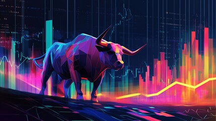 Poster - a colorful bull stands prominently against a backdrop of vibrant stock market graphs and digital dat