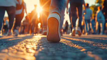 Canvas Print - Closeup, shoes and group in street, walking and sunshine with lens flare, cooperation and protest. March, feet and people in city, tar road and summer with action for justice, forward and outdoor