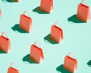 Poster - Bright Pattern of Orange Shopping Bags on Teal Background - Playful and Lively Stock with Depth and Color Contrast