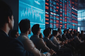 Canvas Print - Business professionals attending a financial seminar while observing data analytics in a modern conference room