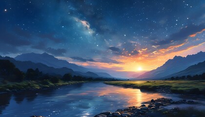 Majestic starry night sky illuminating a mountain valley with a serene river beneath a glowing sunrise