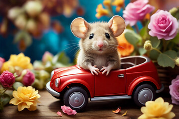 Cute little hamster sitting on toy car over flowers background.