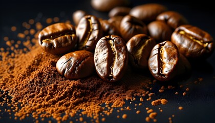 ground coffee beans on a sleek black background