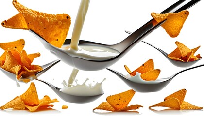 Wall Mural - Crispy corn flakes drenched in creamy milk on a bright white background