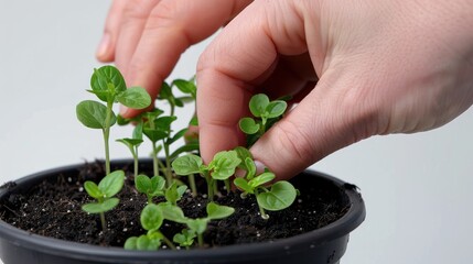 Wall Mural - Close-up of a hand tending to young seedlings in a pot