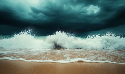 Dramatic seascape with turbulent waves and dark storm clouds above.