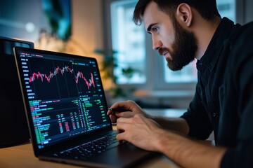 Poster - individual analyzing stock market trends on a laptop in a modern workspace during late evening hours