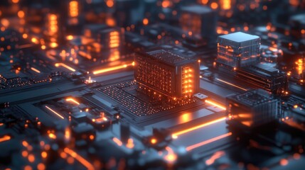 Fototapete - A 3D rendering of a quantum computer with glowing quantum bits, representing cutting-edge computing technology.