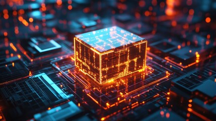 Fototapete - A 3D rendering of a quantum computer with glowing quantum bits, representing cutting-edge computing technology.
