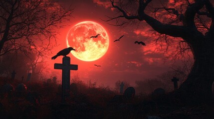 A haunting landscape featuring a crimson moon, silhouetted tree, and a crow perched on a tombstone, evoking a spooky, atmospheric vibe.