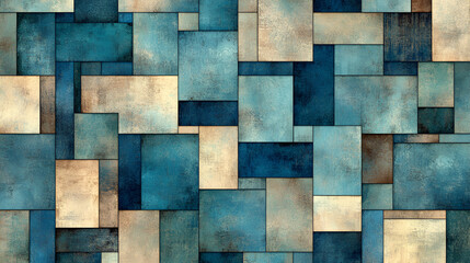 Aufkleber - Abstract geometric pattern featuring various blue and beige rectangles arranged in a textured composition