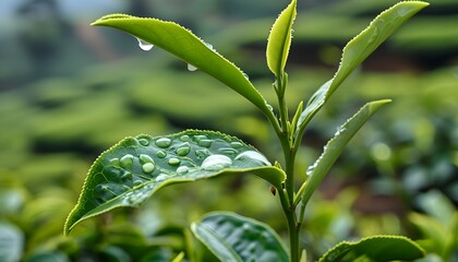 Wall Mural - Refreshing droplets on tea leaves with a lush green tea plantation backdrop