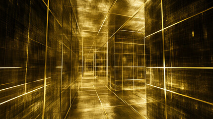 Aufkleber - A futuristic corridor with golden walls reflecting light in a surreal environment during an artistic installation