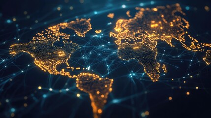 Poster - A concept of a digital world map made up of data points and glowing lines, representing global technology and networks.