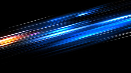 Dynamic blue and orange light streaks on a black background create a sense of motion and energy in a striking digital art display