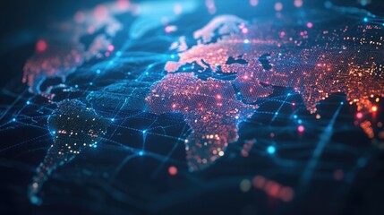 Poster - A concept of a digital world map made up of data points and glowing lines, representing global technology and networks.