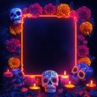 © Gencraffic - Colorful Day of the Dead skulls and marigolds with glowing frame, dark background.