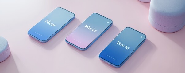 3D render of three elegant blue and white mobile phones on a minimalist pastel background with the words 'New World' on screens