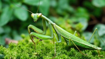 Green Praying Mantis on Mossy Ground