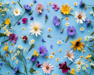 Colorful Wildflowers on Blue Background - Top View