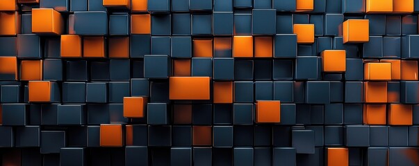 Poster - 3D wallpaper showcasing a striking dark blue and orange geometric pattern with cubes creating a modern and abstract design