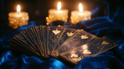 A deck of tarot cards fanned out, set against a deep blue velvet cloth with candles in the background for a mystical fortune-telling vibe