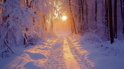 Wall Mural - Snow-covered forest path winding through trees in a tranquil winter landscape during morning light