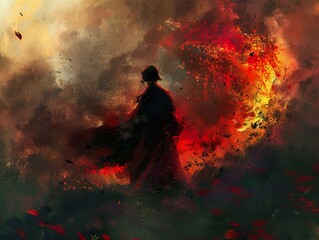 Sticker - Silhouette in a Fiery Storm - A Dramatic Digital Painting