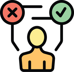 Poster - Businessman is choosing between right and wrong decisions with checkmark and cross mark icons above his shoulders