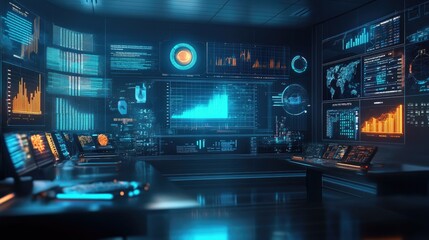 Poster - a futuristic workspace with multiple screens and data visuals, representing the digital transformati