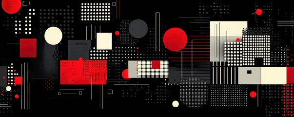 Poster - Abstract geometric composition with circles, squares, and lines on a black background creating a modern and dynamic visual experience